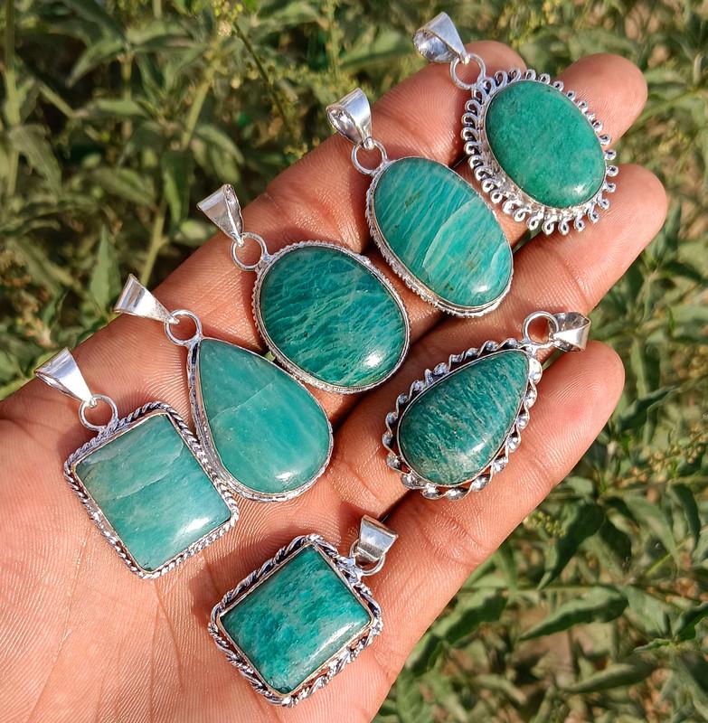 Amazonite Gemstone 925 Sterling Silver Plated Handmade 5 PCs Fancy Pendants Jewelry SEN-306