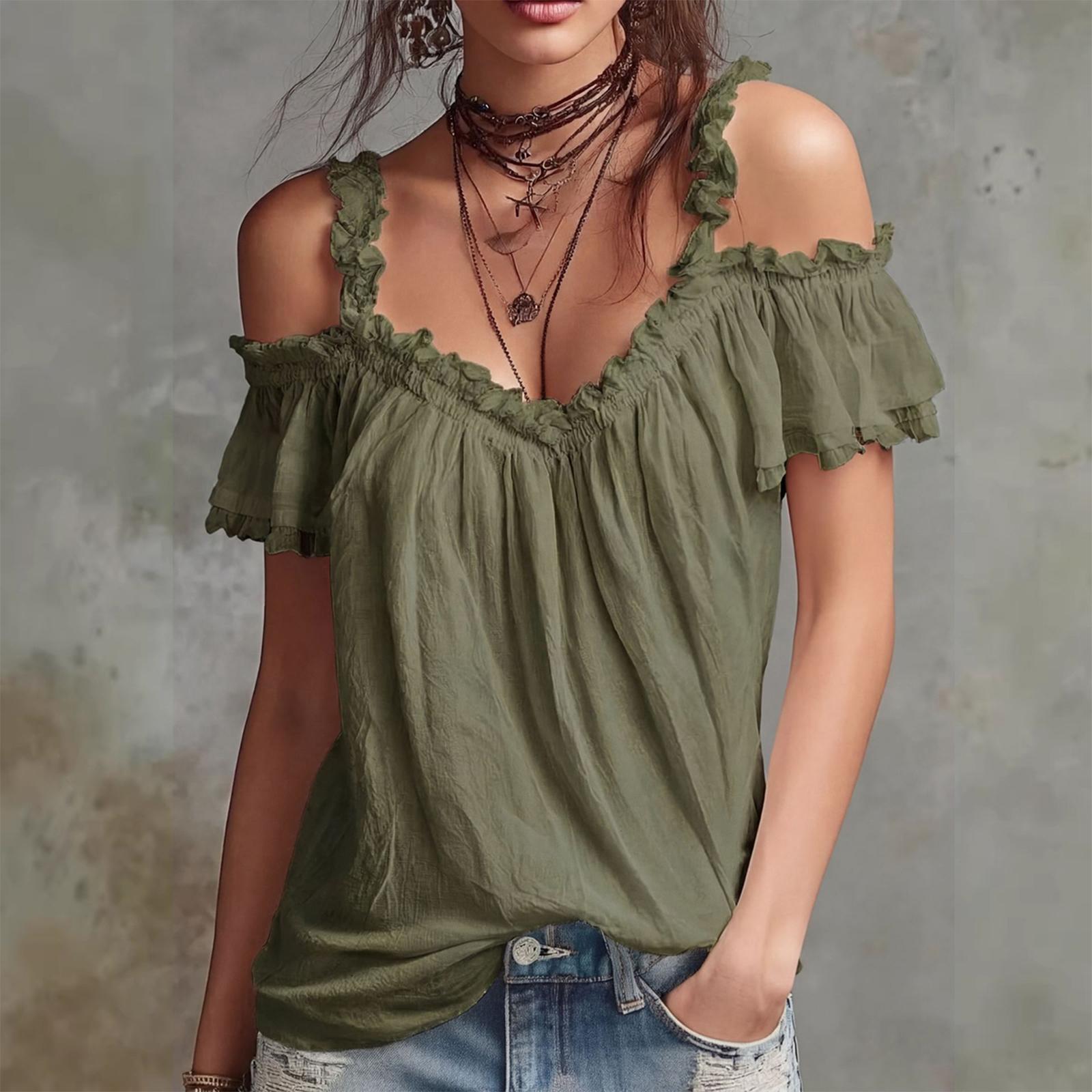 Women s Summer Fashion  Color V Neck Short Sleeve Casual Strap Top L армия зеленый
