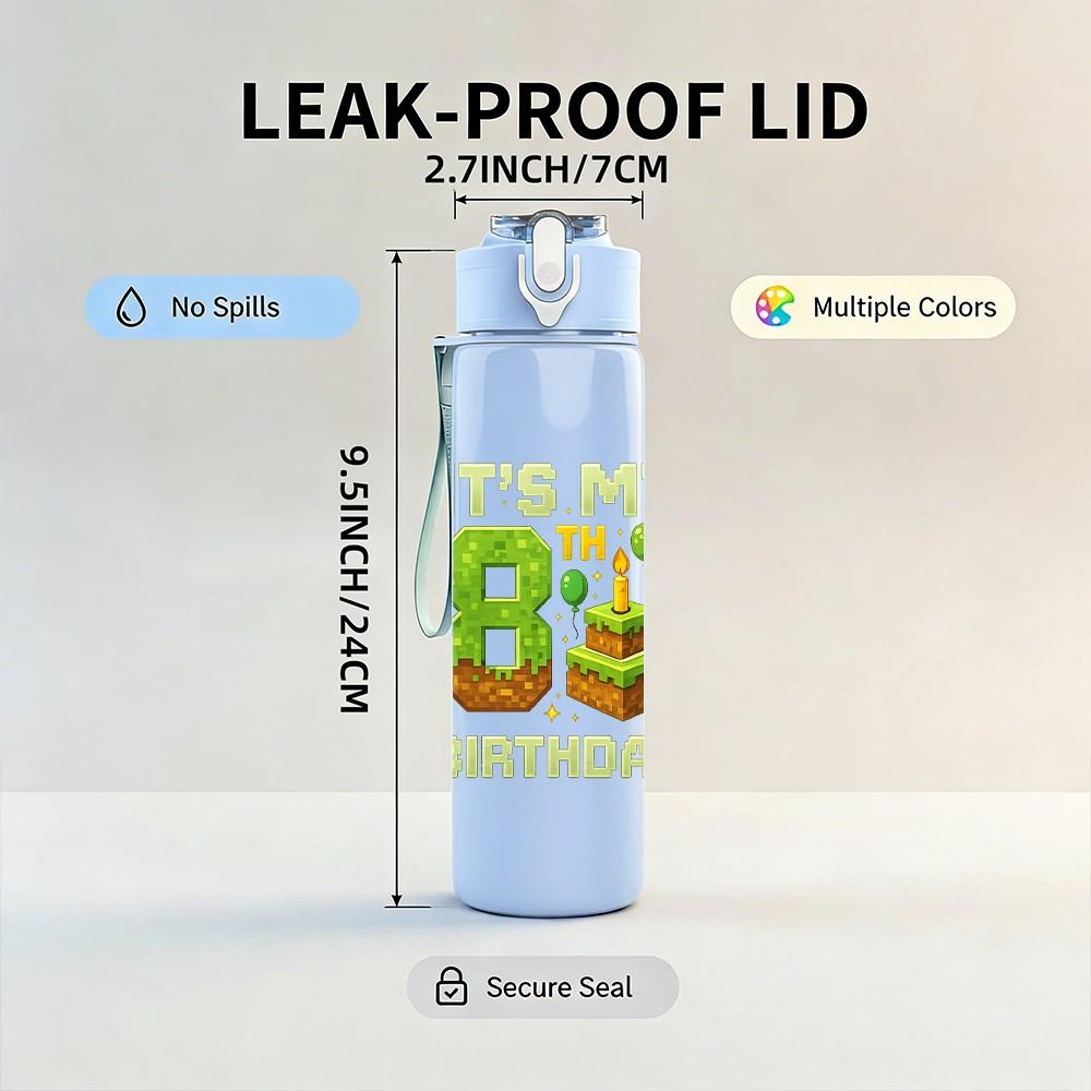 1PC Its My 8th Birthday Text Art Print 750ml Color Plastic Sports Water Bottle Leakproof Flip Straw Lid Suitable for Sports Office Home Use