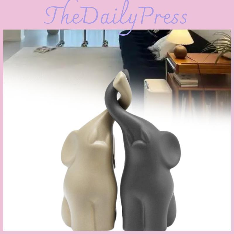 A Pair Of Beige Grey Elephants Animal Handicrafts Living Room Gift Decoration