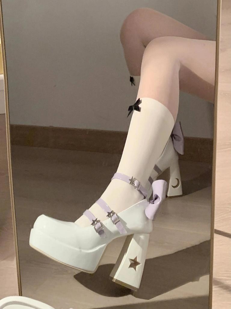 Fashion Heels Women Pumps Platform High Heels Ankle Strappy Butterfly-knot Casual Office Shoes Block Mary Jane Shoes White Zaptos Mujer