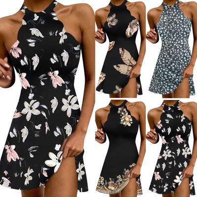 Women's Fashion Casual Summer Off Shoulder Slim Flower Printed Sleeveless Dress