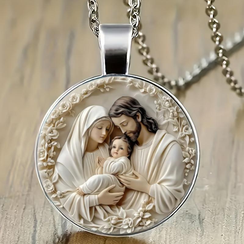Three-person Family Virgin Mary Necklace Time Gemstone Glass Alloy Pendant Simple Fashionable Women's Necklace