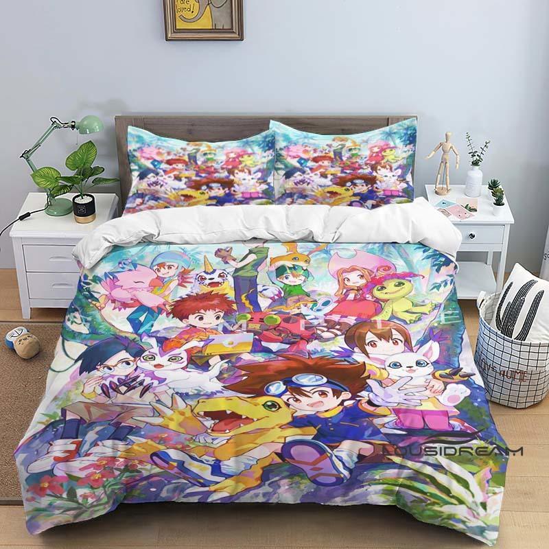 Digimon Cartoon 3D-Printed Bedding Set—Includes Duvet Cover and Pillowcases—Available for Single, Double, King, and Queen-Sized