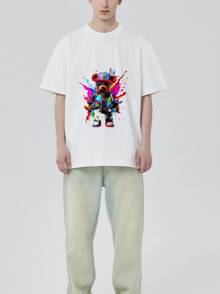 Black T Shirt with Colorful Bear Graphic Print for Casual Wear