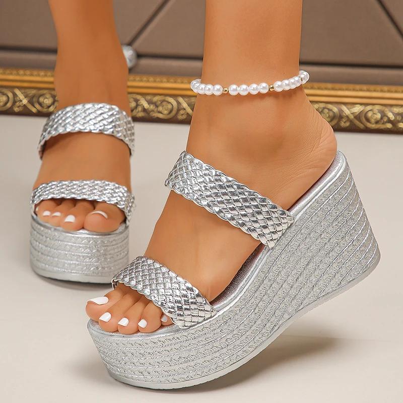 Silver Chunky Platform Sandals for Women 2025 Summer Fashion Braided Strap Wedge Heel Sandals Woman Thick Bottom Beach Slippers