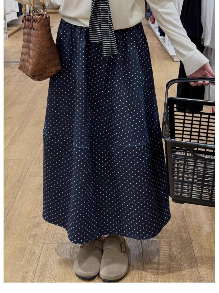 Women's Summer 2025 Navy Blue Polka Dot High-Waisted A-Line Midi Skirt