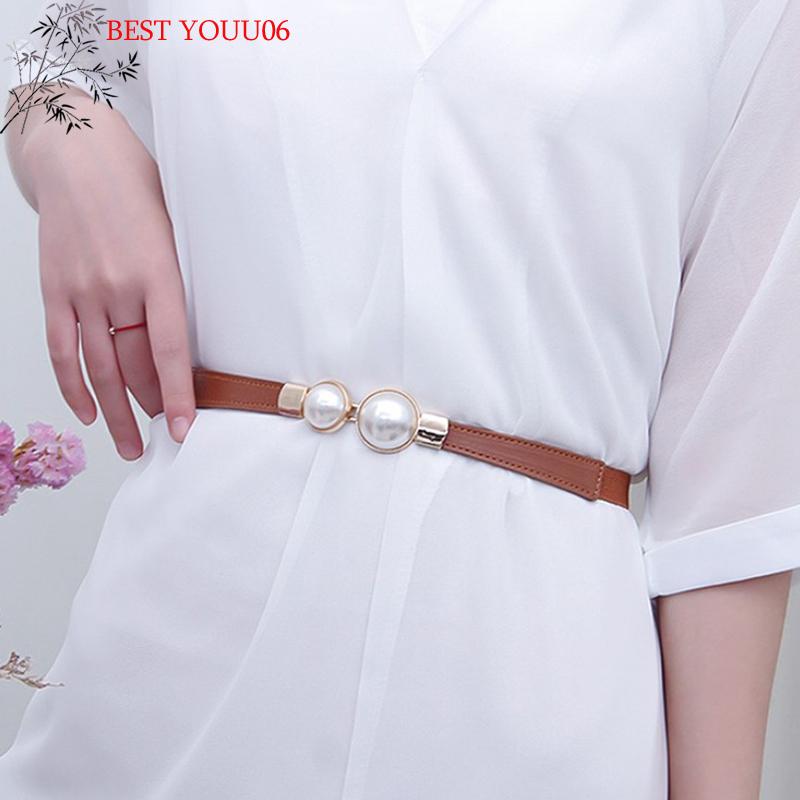 Hot Creative Pearl Buckle Belt PU Leather Dress Skirt Waist Elastic Thin Women Belts Ladies Waistband