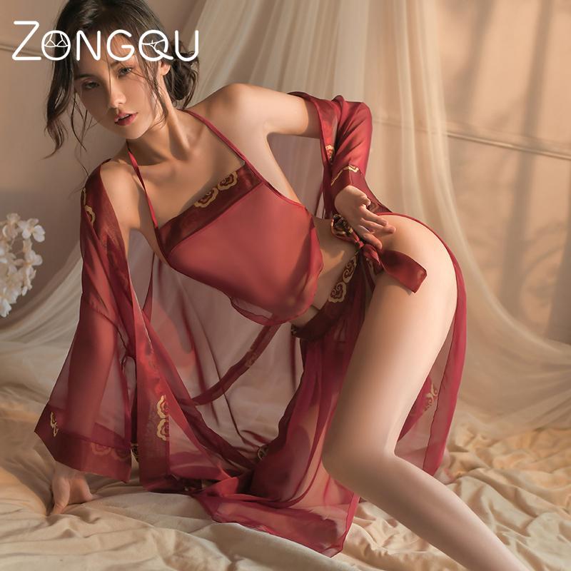 

ZONGQU Сексуальное белье Женщины Китайский Классический Наряд невесты Симпатичное Аниме Увидеть через Эротический свадебный набор Красный Hanfu Пижама Косплей Костюмы