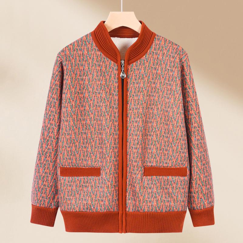 Women's Plus Velvet Thick Knit Sweater - Warm Autumn/Winter Lamb’s Wool Coat for Middle-Aged and Elderly Moms