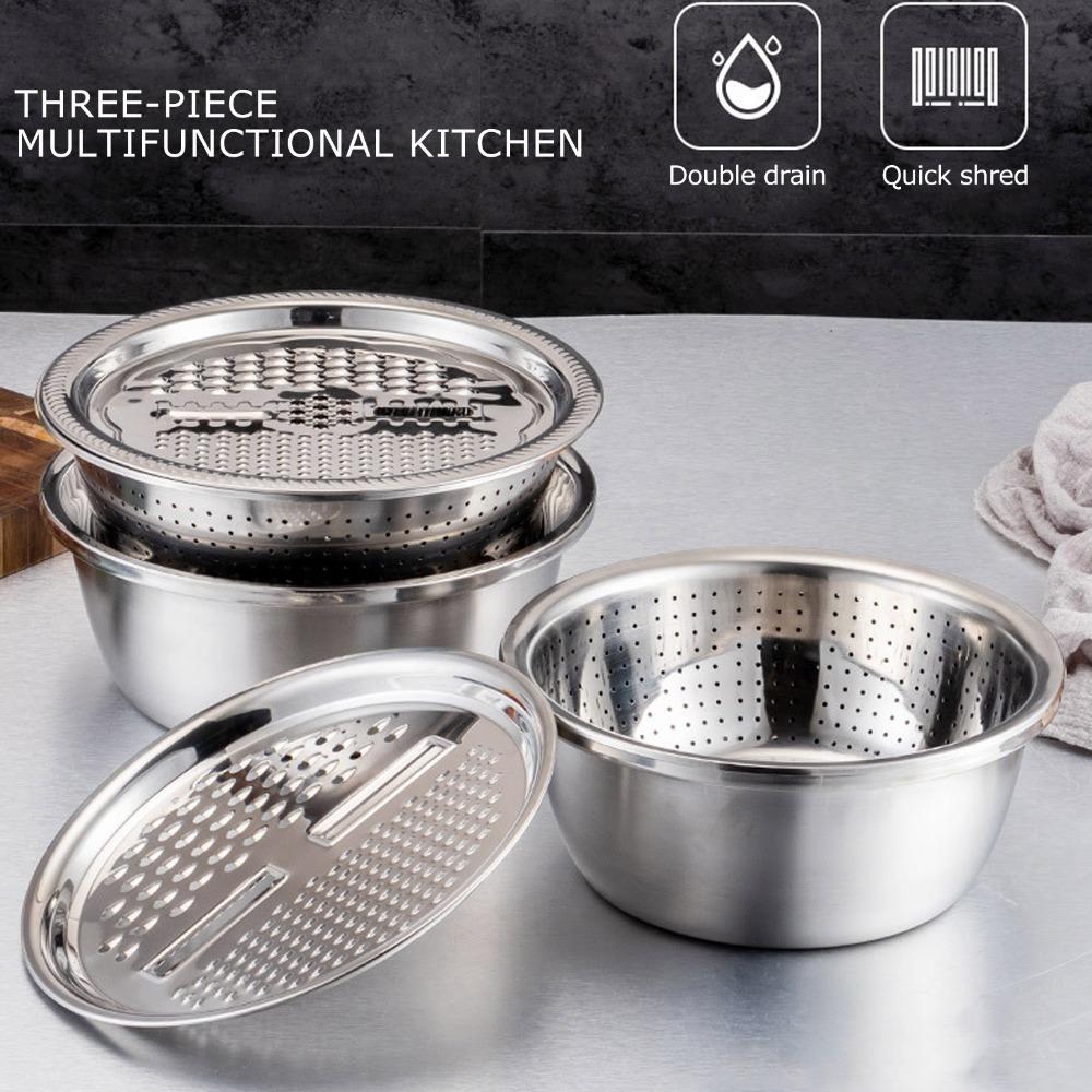 3Pcs Three-in-one Slicing Disc Rustless Steel Drain Basket Practical Washing Basin Food Handling