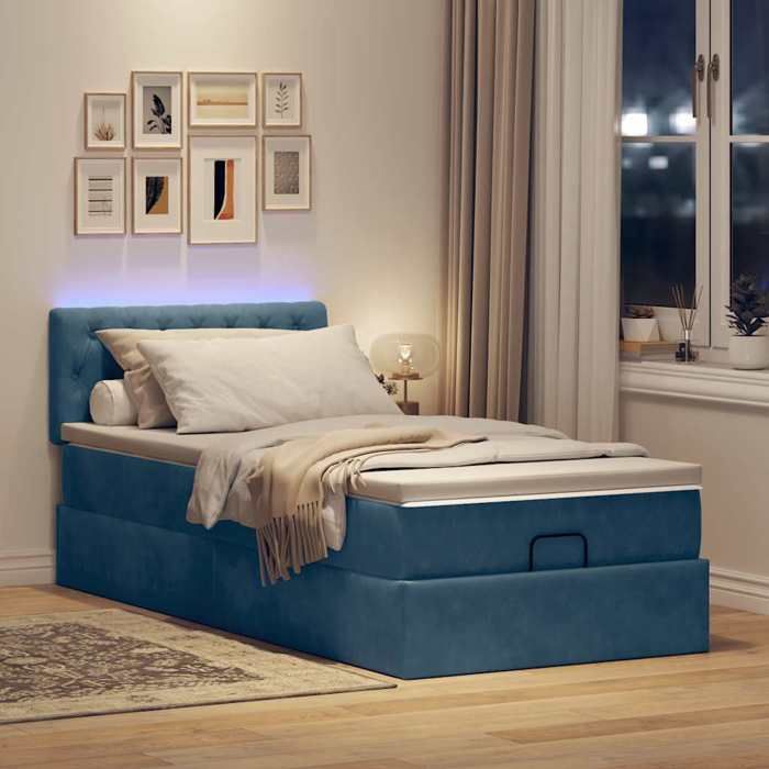 VidaXL Ottoman Bed with Mattress and Dark Blue LED 80x200cm Velvet Upholstered Bed 3312660