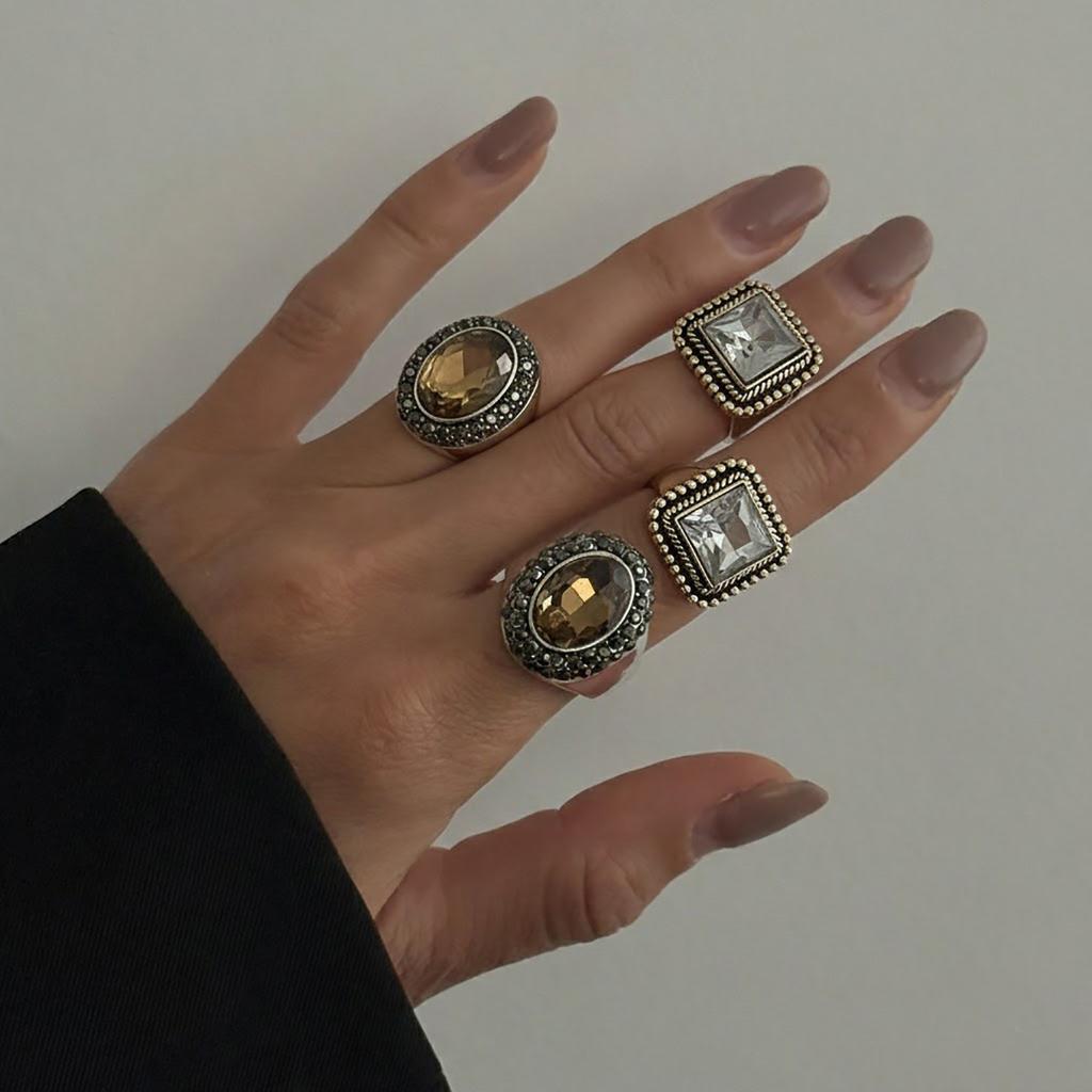 Vintage Square Acrylic Diamond Ring, Fashionable Geometric Imitation Gemstone Ring, Index Finger Ring