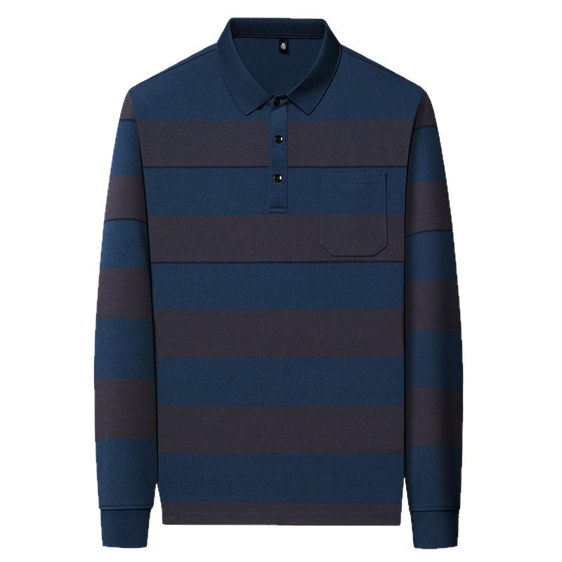 Men's Striped Long Sleeve Polo Shirt with Pockets - Casual Lapel Base Layer Top