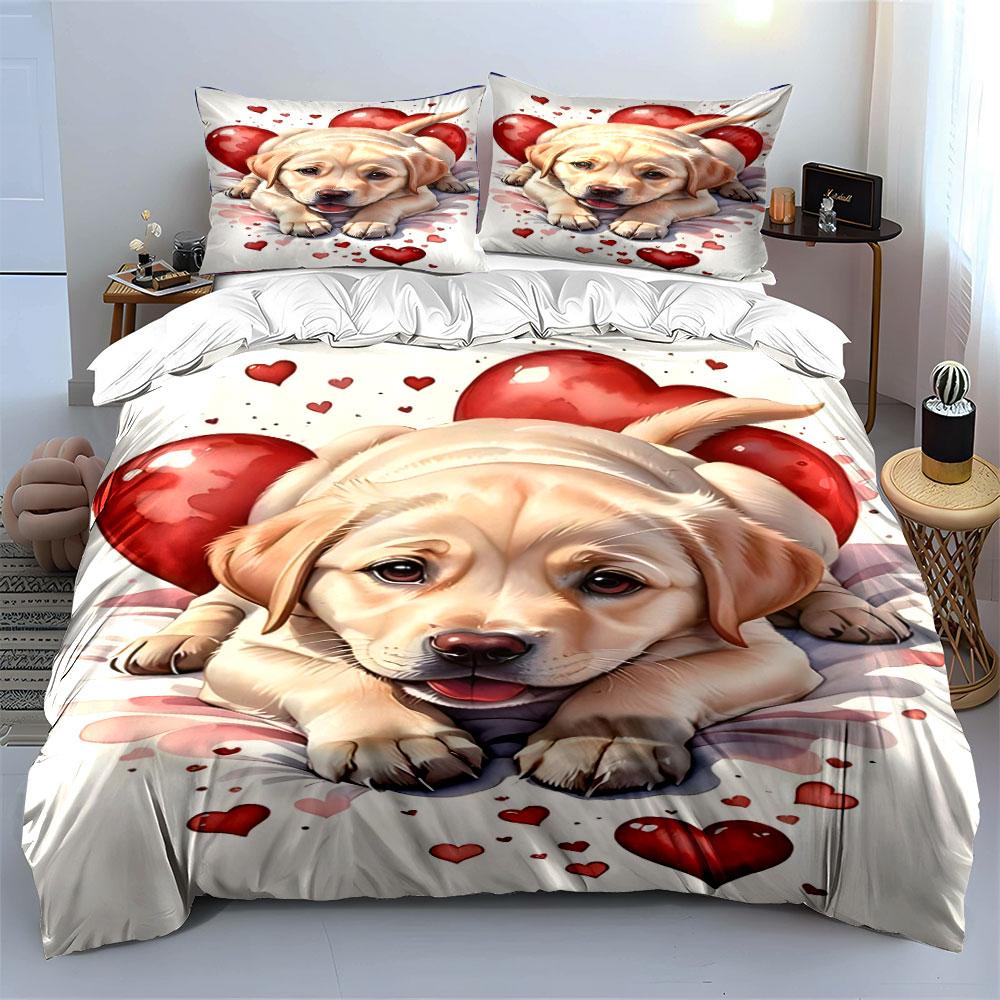 Cute Puppy with Red Hearts Bedding Duvet Cover Set Duvet Cover Pillowcases (1 * Duvet Cover 2 * Pillowcases, Without Duvet Insert)