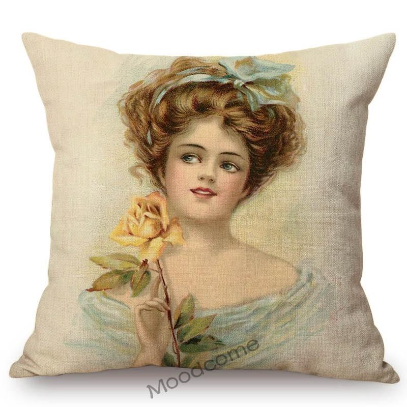 European Royal Court Victorian Era Lady Hat With Flower Elegant Sofa Throw Pillow Cover Classic Vintage Linen Decor Cushion Case