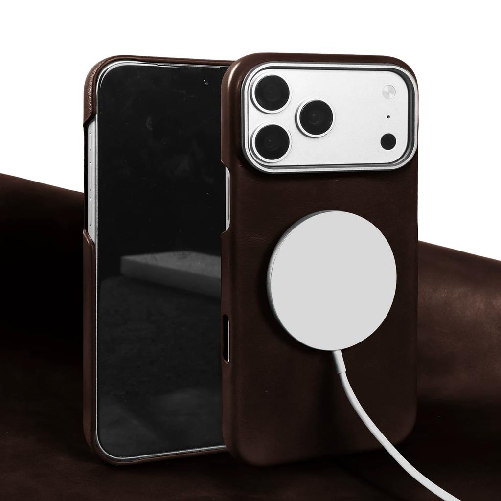 Genuine Waxed Oil Leather Phone Case for iPhone 17 Pro Max Premium Business Slim Full Wrap Magnetic Shockproof Cover for 16 Pro 15 14 13