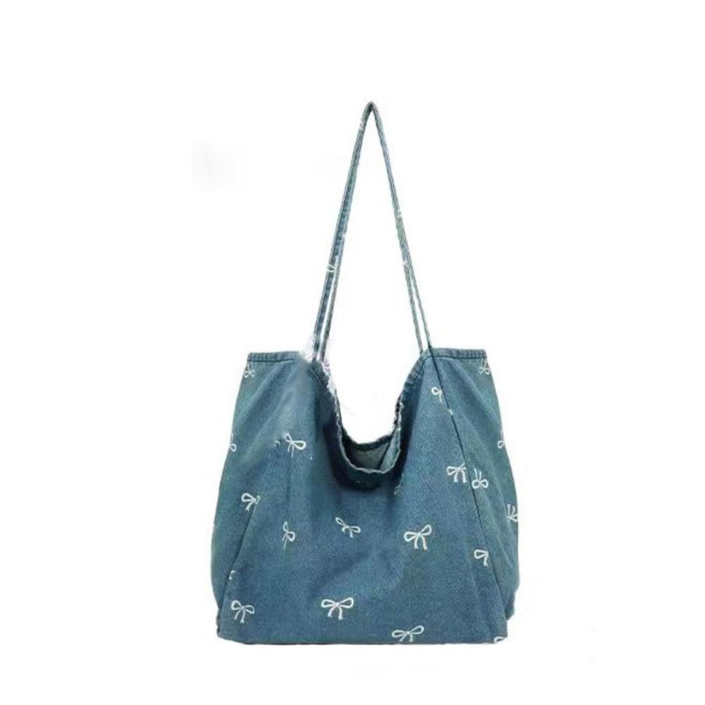 

Сумка из джинсовой парусины большой вместимости, наплечная сумка, сумка-тоут с принтом в виде банта, портативная винтажная сумка, для девушки Bow