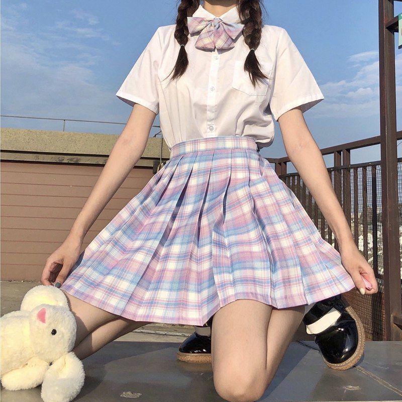 Lemon Sea Salt Plaid School Uniform: Short Sleeve Top & Midi Skirt Set