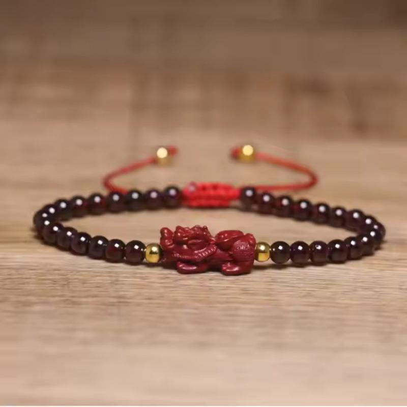 Garnet Beaded Cinnabar Pixiu Bracelet – Red Cord Adjustable Feng Shui Jewelry, Lucky Wealth Gift for Men Women красный