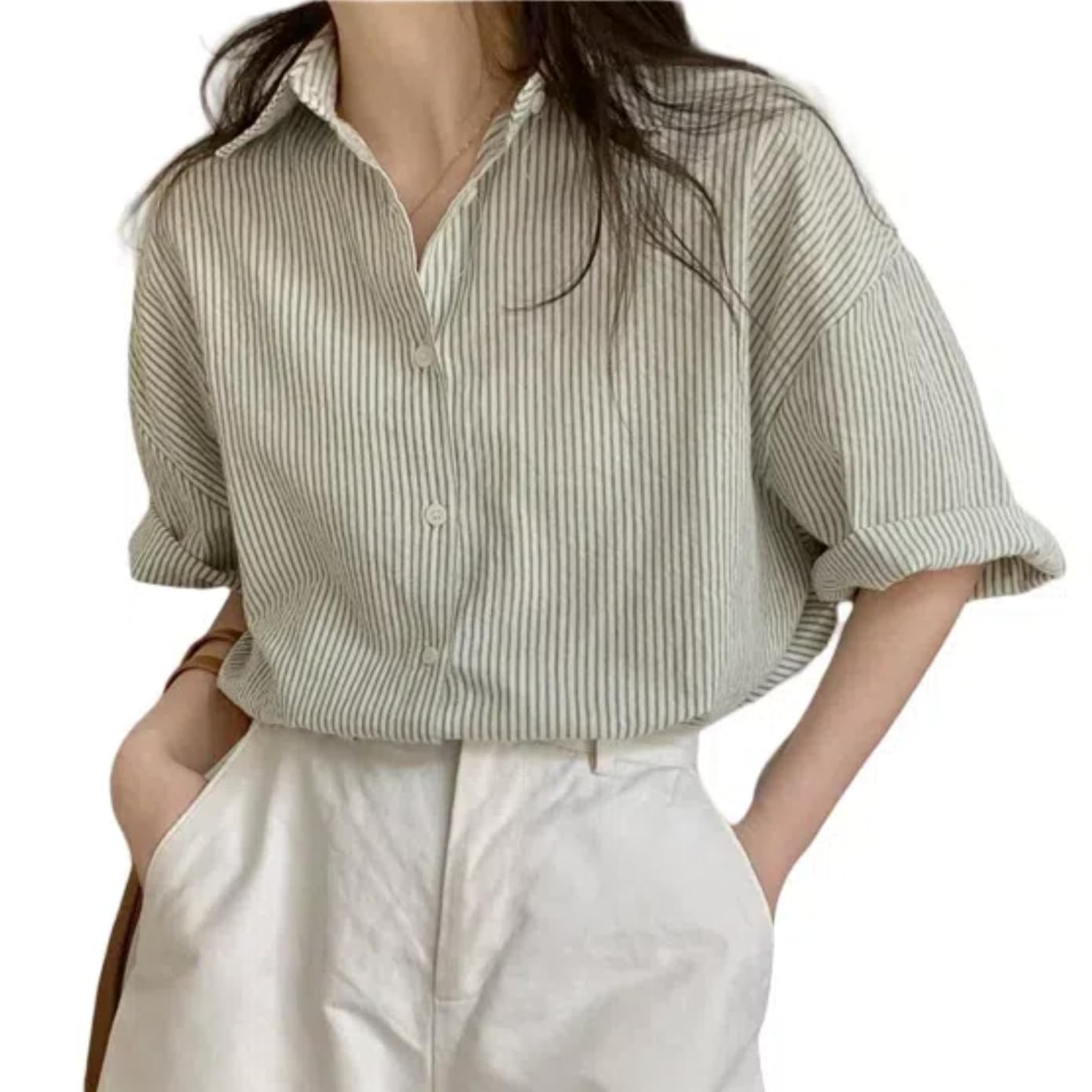 

Короткая полосатая свободная летняя [ВЕСЕННИЙ СЕЗОН] женская рубашка, рукав, рубашка, топ, V-образный вырез, посадка, повседневная, женственная, милая, топ, весна,