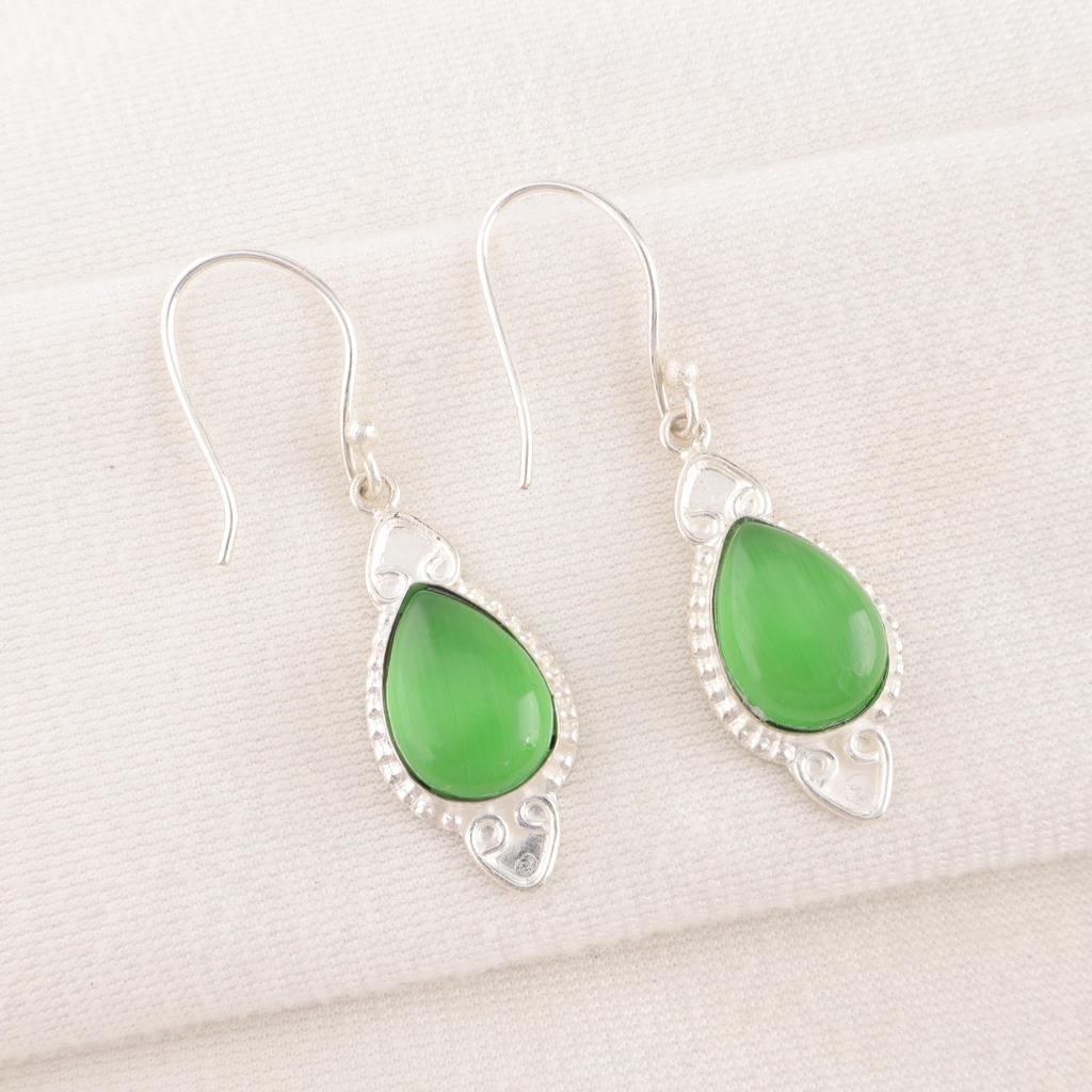 Green Cat's Eye 925 Solid Sterling Silver Earrings, Handmade Gemstone Earrings Jewelry, Gifts For Wife Brand New Earrings