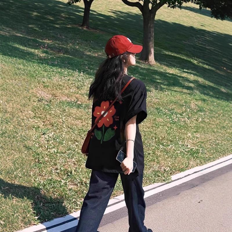 Summer Floral Printed Casual Fashion Cotton Tee Women Short Sleeve Pullover Top Female Vintage All-match T-shirt