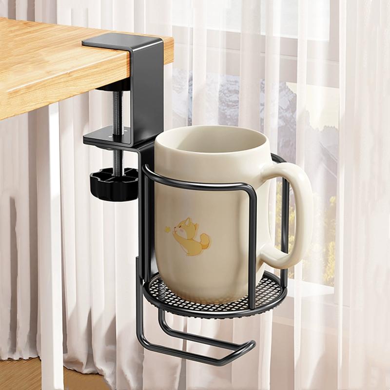 2 In 1 No Drill Desk Cup Holder Adjustable Upgraded Arm Clamp Stand 360 Degree Rotating Table Edge Clamp Anti-Fall Cup Holder