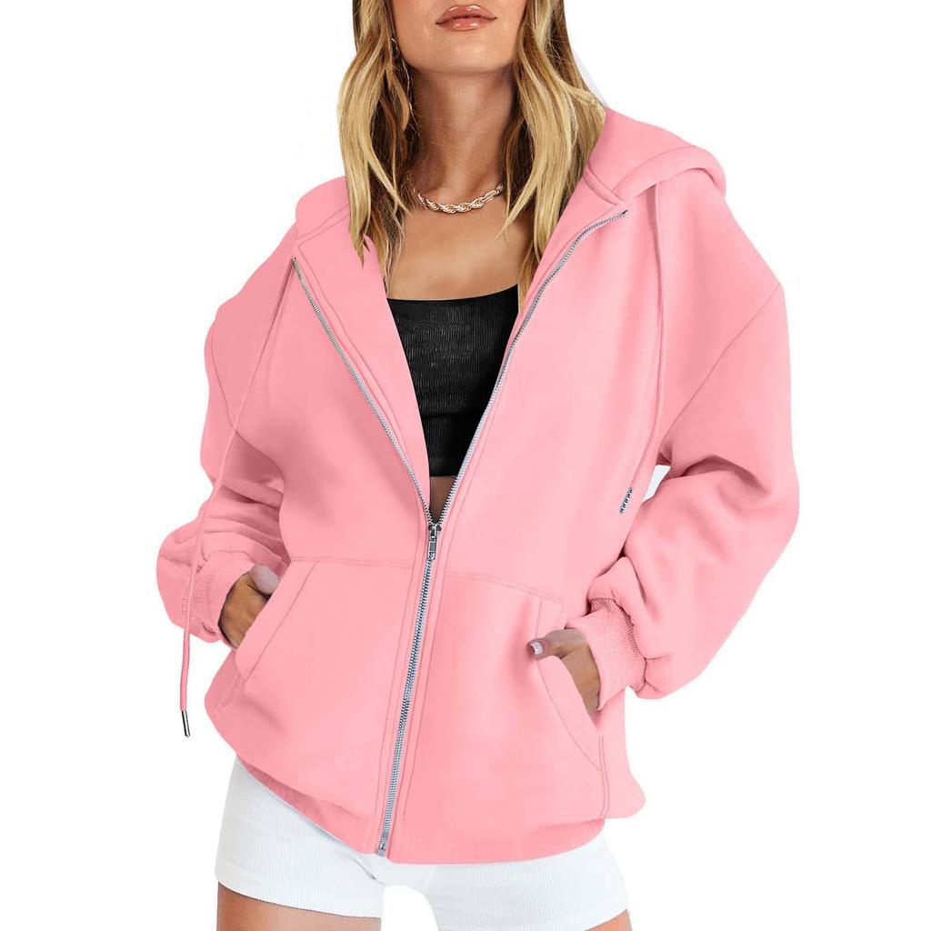 Women's Autumn Fashion Zipper Hoodie Long Sleeve Hooded Pullover Sweatshirt Casual Solid Color Tops with Pockets