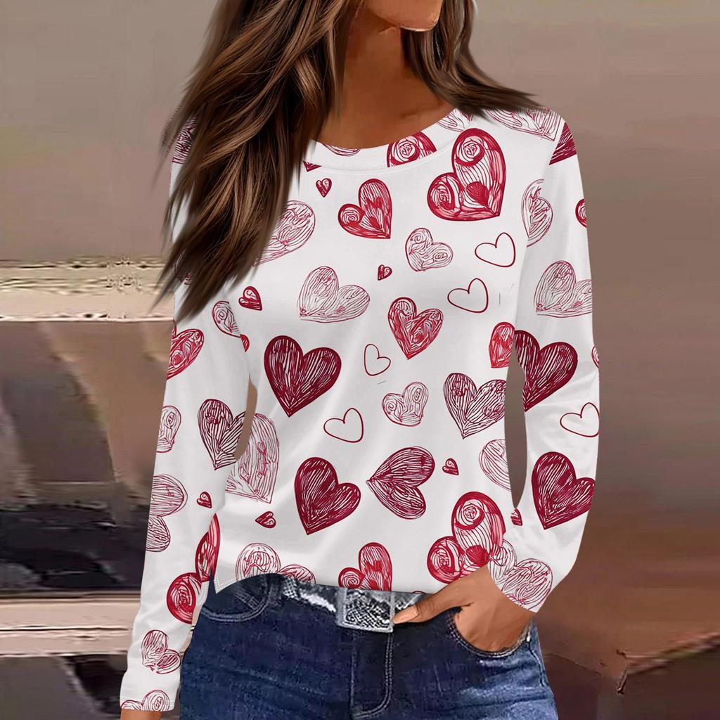 Damen Modisches Langarm-Rundhals-Oberteil mit Schlitzsaum und Valentinstag-Herzprint