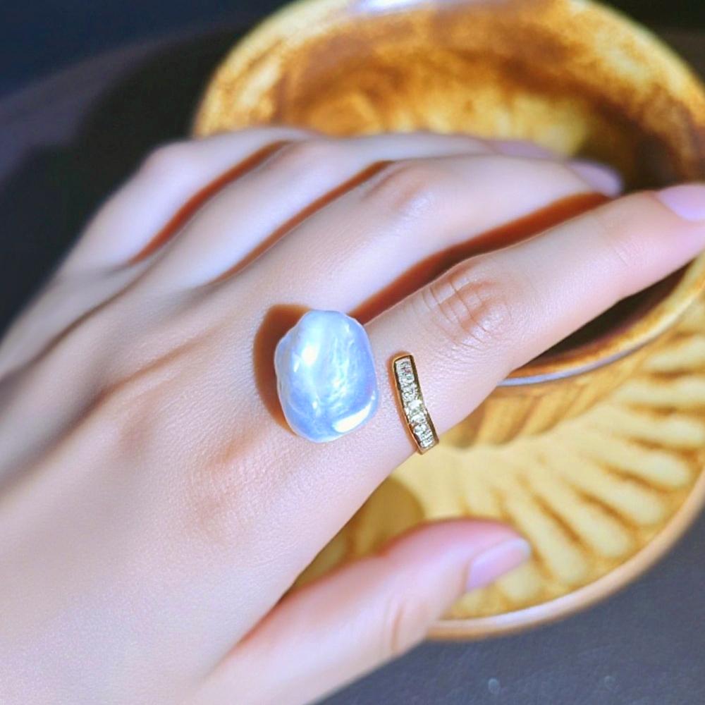 SENIKO 12-16mm Natural Freshwater Pearl Rings For Women Fashion Female Cubic Zirconia CZ Ring Pearl Jewelry Adjustable Ring