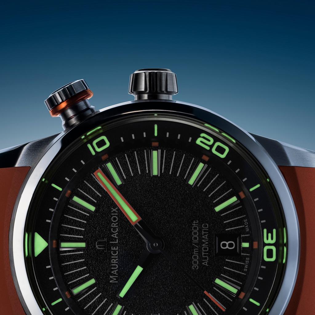 [Maurice Lacroix] Pontos S Diver 42mm Black Grained Dial with Orange Accents, Nylon & Rubber Strap Automatic Men's Watch (PT6248-SS00L-330-J)