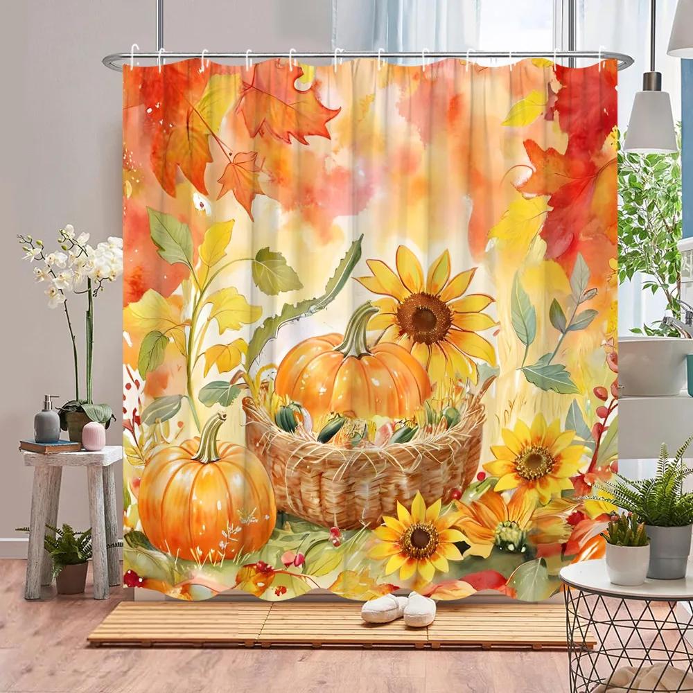Autumn Scenic Shower Curtain Fall Pumpkin Farm Thanksgiving Butterfly Flower Leaf Barn Polyester Fabric Bathroom Decor Curtains