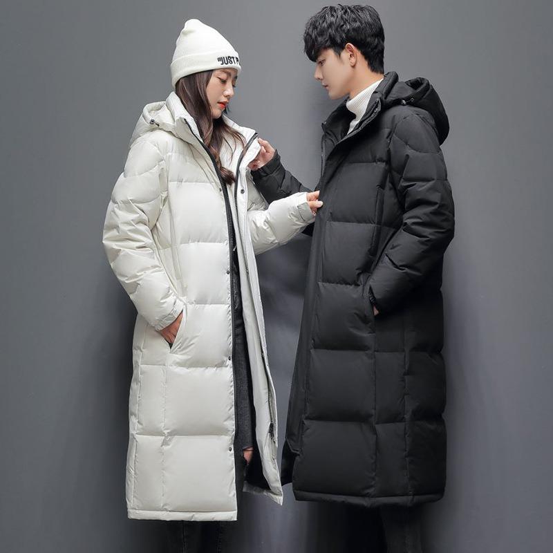 Direct batch of winter men's down jackets couple long thickened warm hooded simple and fashionable green tide jacket
