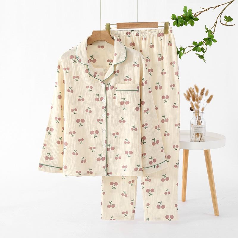 Pajamas women's autumn pure cotton long-sleeved trousers cardigan lapel cotton loose comfortable breathable loungewear set