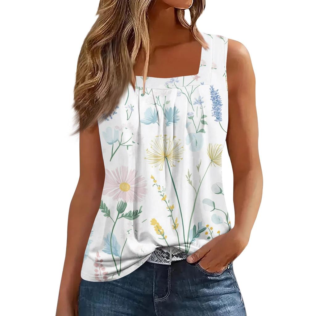 Women's Fashion Casual Pleated Square Collar Sleeveless Vest Print Summer T-shirt