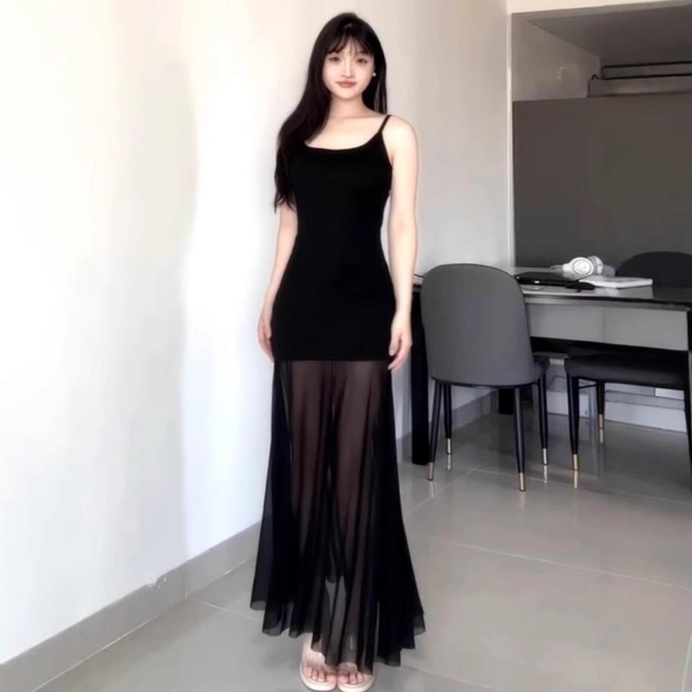 

Black mesh splicing suspender hip dress for children s summer new temperament seaside vacation dress XL чорний