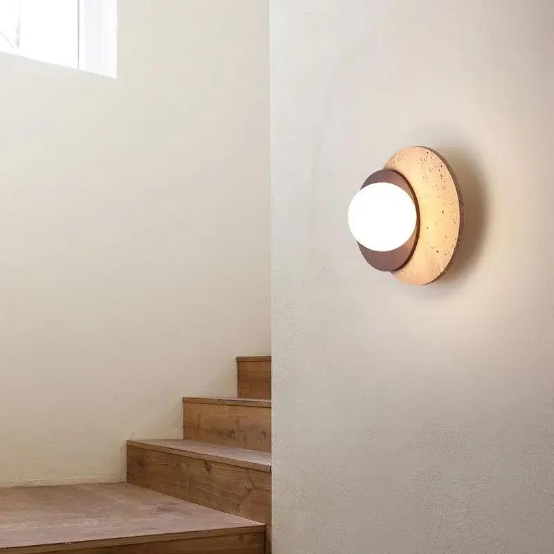Luma Wabi-Sabi Yellow Travertine Stone Wood Round Wall Lamps for Dining Room Hallway Aisle Bedroom Bedside Background Stair