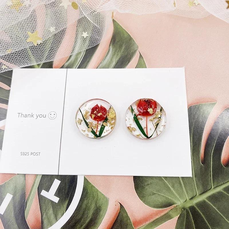 Romantic Clear Resin Real Flower Earrings Transparent Round Geometric Drop Dangle Jewelry Gift for Women