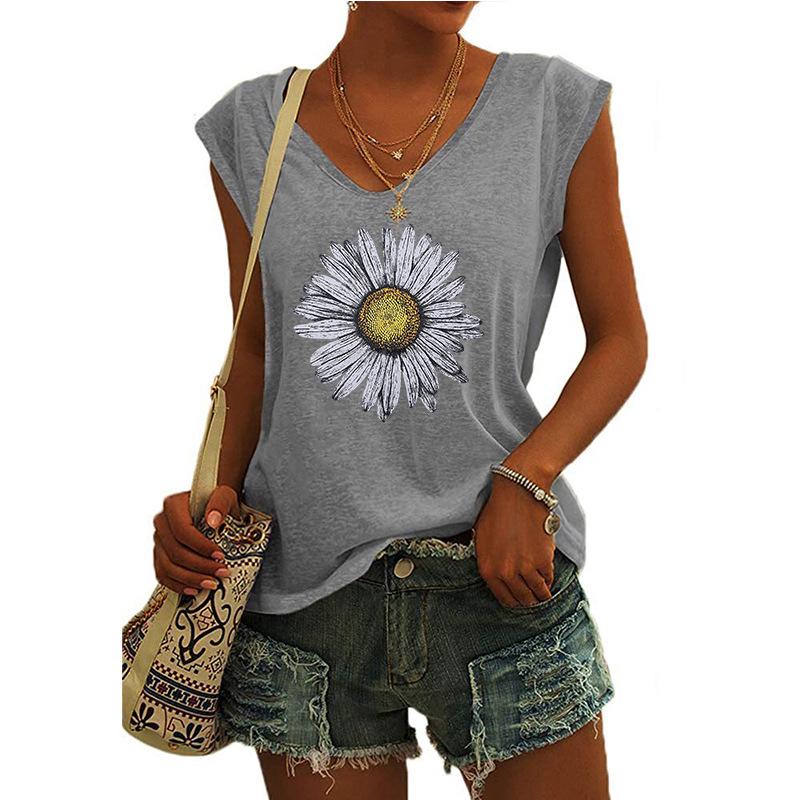 2023 Trendy Women's V-neck Print Cap Sleeve Loose T-shirt Top