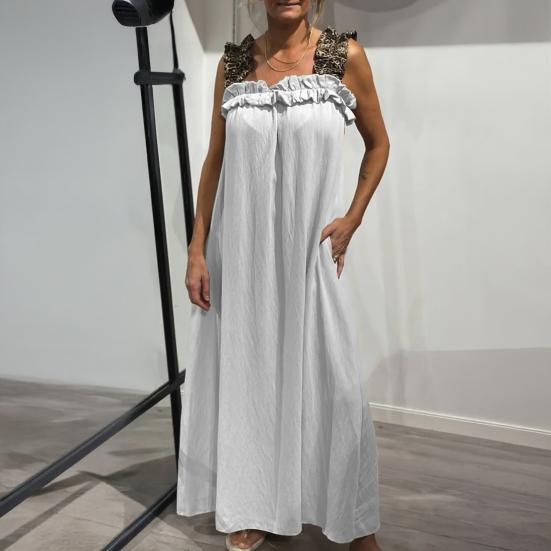 Damen Ärmelloses Maxi Kleid Rüschen Träger Eckiger Ausschnitt Langes Kleid Lässig Boho