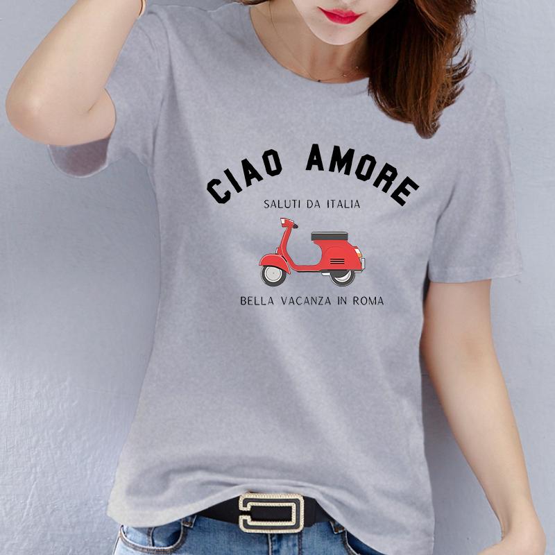 Polyester 100% Italian Graphic T-shirt - Casual Crew Neck Short Sleeve T-shirt, Polyester Knit Graphic Women Clothes Summer