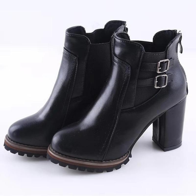 Wish large size thick heel knight boots women's 20 autumn and winter new rear zipper belt buckle high heel short boots