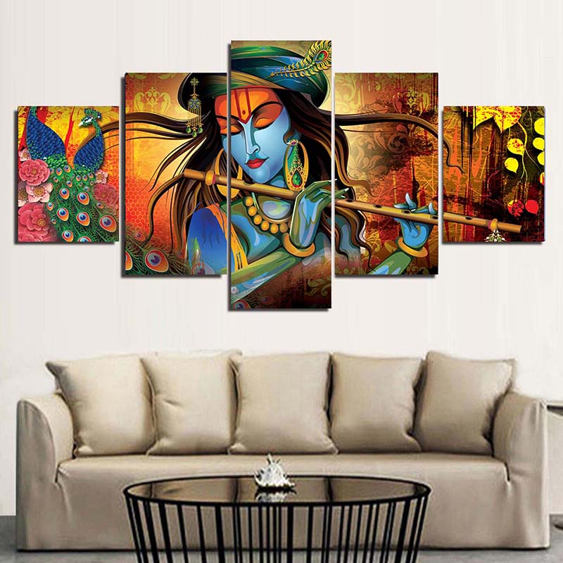 5 Panels Lord Krishna Figure Canvas Painting Nordic Abstract Posters and Prints Wall Picture for Living Room Home Decor No Frame