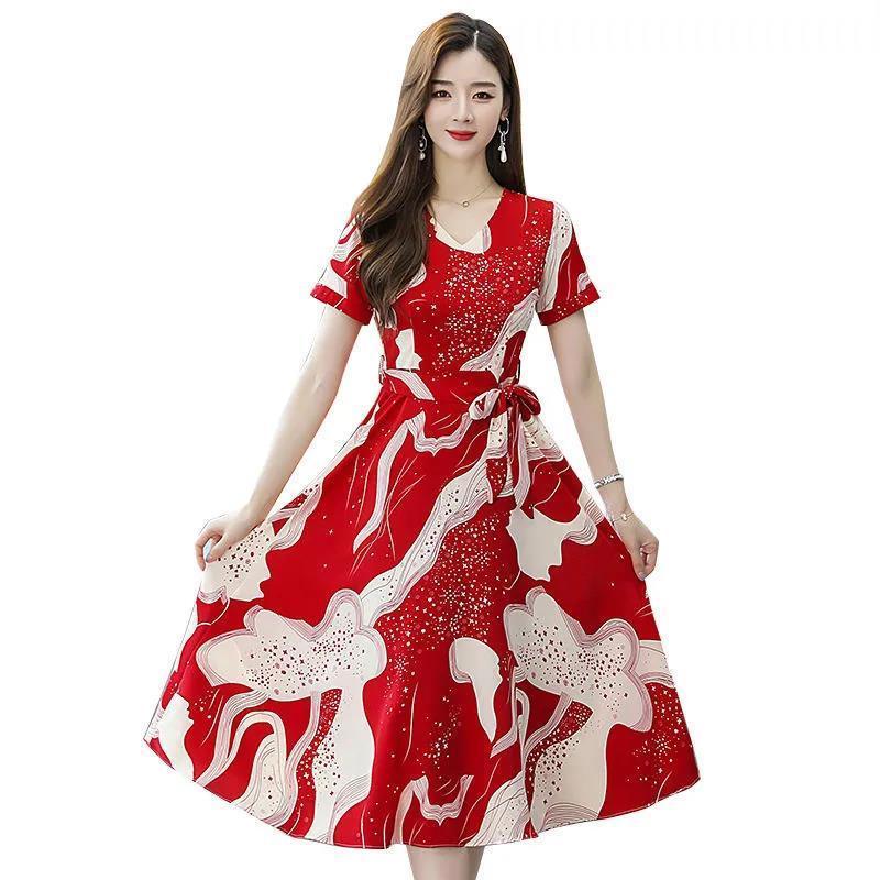 Abito estivo da donna a maniche corte, con scollo a V, vita stretta, lunghezza media, stile coreano