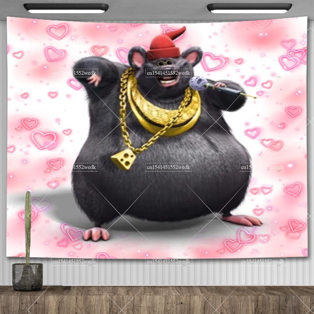 Biggie Cheese Meme Tapestry Kawaii Anime Rat Tapestry Wall Hanging Aesthetic Room Decor Banner Home Decoration Macrame Natal