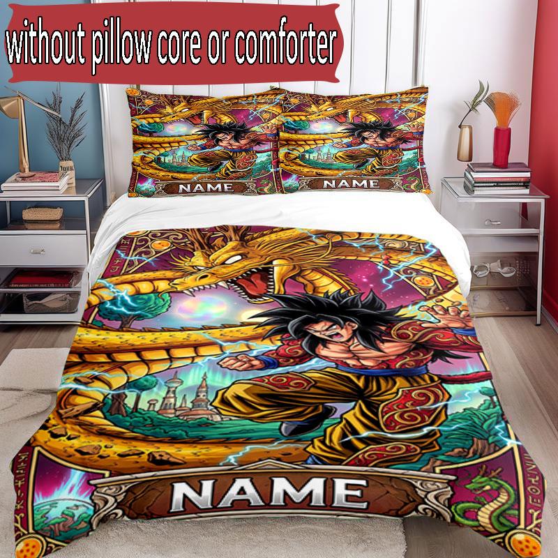 3-teiliges Bettbezug-Set (1 * Bettbezug + 2 * Kissenbezug, ohne Kern), Benutzerdefinierter Name Dragon Ball Z Muster Bettwäscheset, Heim Schlafzimmer Dekor Geschenk