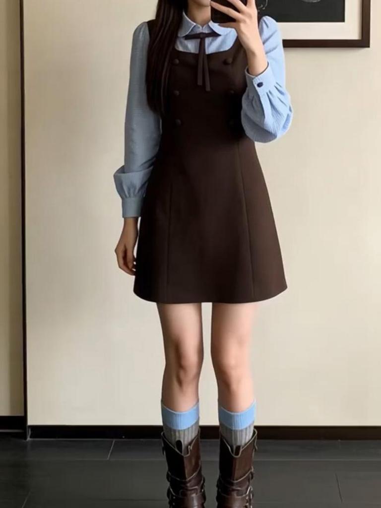 Women's Winter 2026 Korean Style Two-Piece Suspender Shirt Dress Set