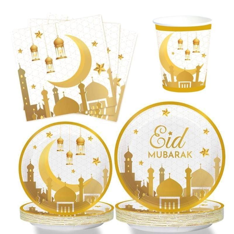 

Eid Festival Paper Plates Cups 2025 Ramadans Decoration Supplies for Muslim 1Set Set for 8 persons білий