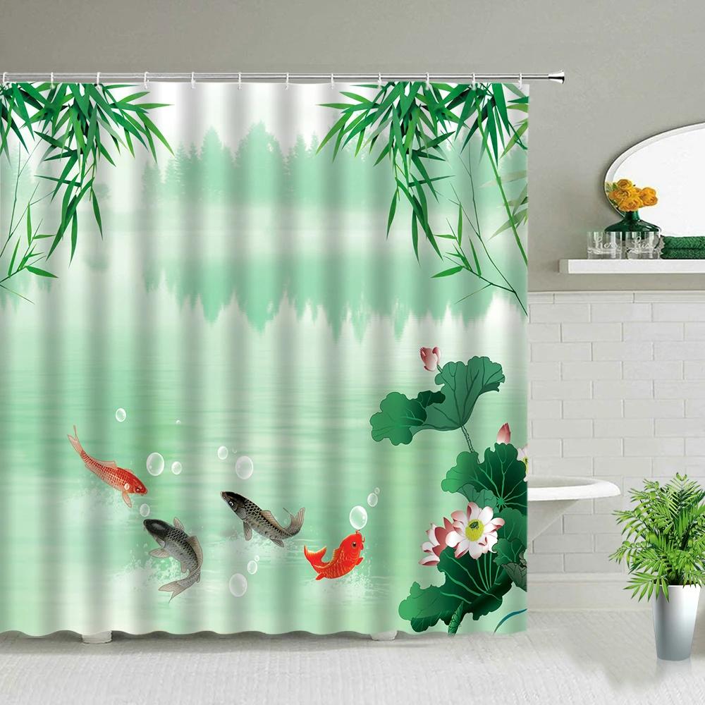 Modern Chinese Style Koi Fish Scenery Shower Curtain Bathroom Screen Waterproof Fabric Background Wall Decor Hanging Curtains